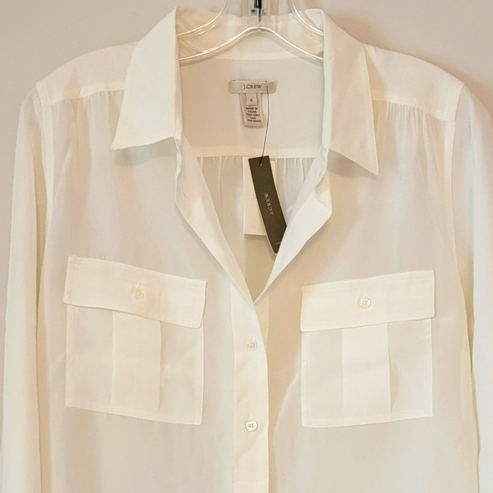 NWT 100% Silk J.Crew Women's Classic Ivory Blythe Blouse, Size 6 - Picture 9 of 11
